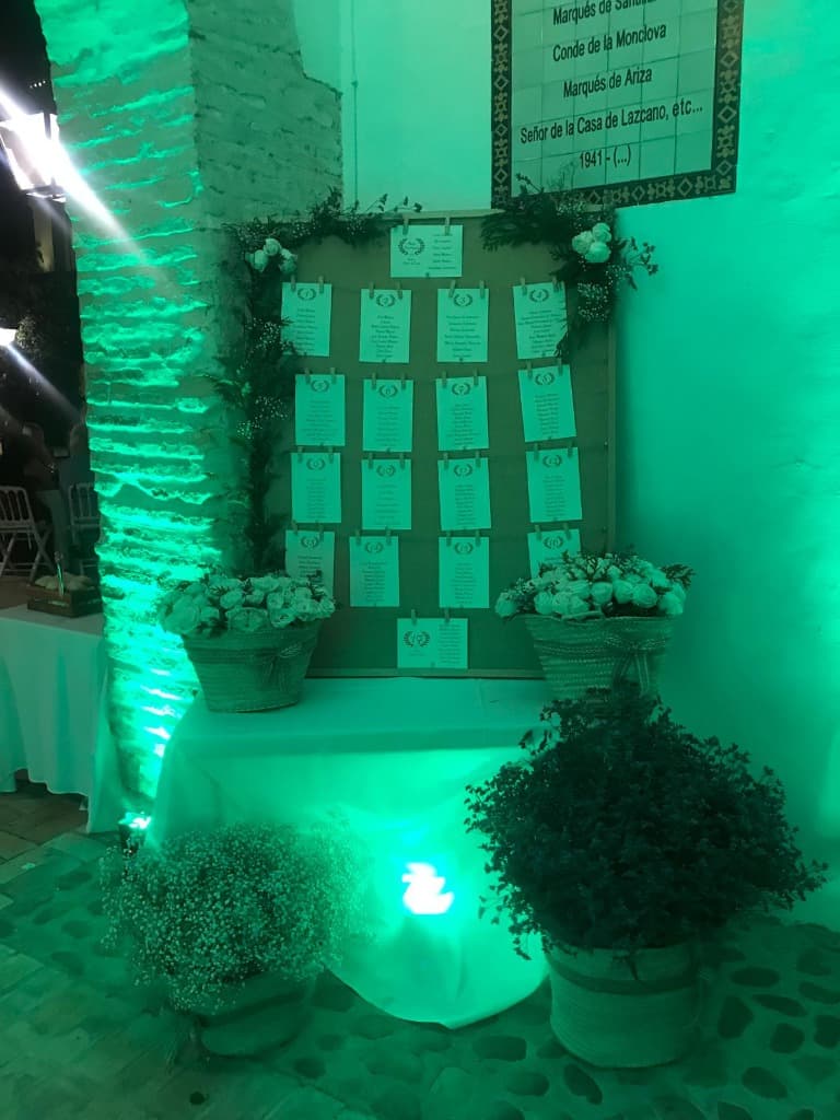 Seating Plan Iluminado Boda Seating plan rústico de boda iluminado en verde sobre pared de piedra de hacienda andaluza