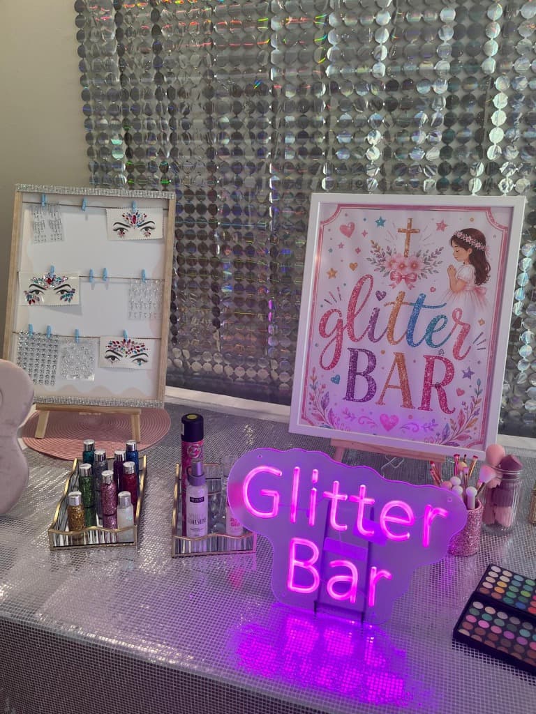 Glitter Bar Comunión Letrero Neón Tocador de purpurinas y glitter bar con letrero neón rosa para comuniones y cumpleaños infantiles premium